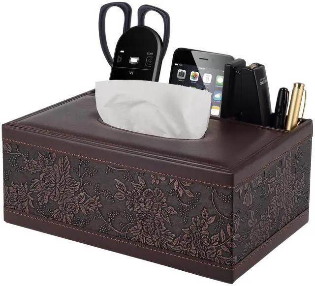 Main image of Tissue Box Cover Rectangle Retro Tissue Box Holder PU Leather Facial Tissues Organizer,Multifunctional Remote Control Stationery Storage Box,Home Office Supplies Car Napkin Caddy