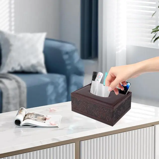 Alt view image 3 of 7 - Tissue Box Cover Rectangle Retro Tissue Box Holder PU Leather Facial Tissues Organizer,Multifunctional Remote Control Stationery Storage Box,Home Office Supplies Car Napkin Caddy