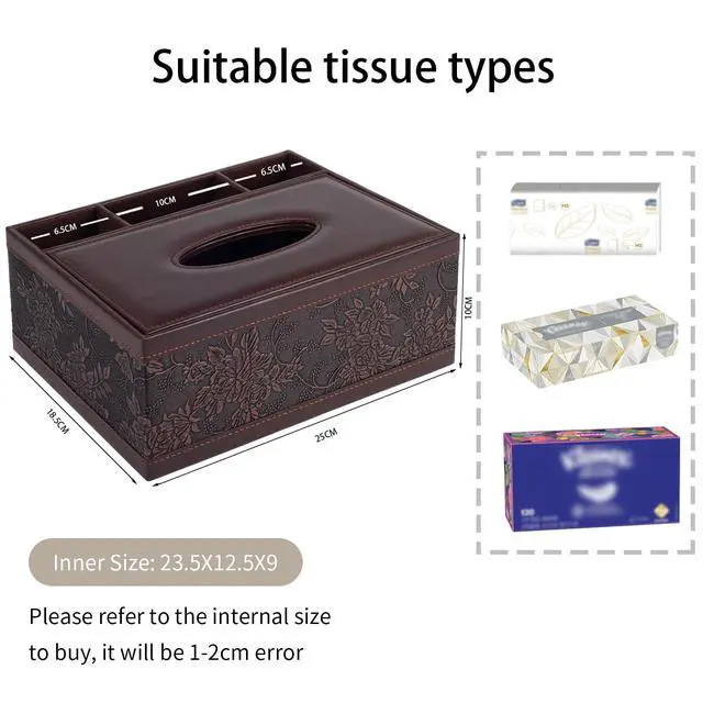 Alt view image 5 of 7 - Tissue Box Cover Rectangle Retro Tissue Box Holder PU Leather Facial Tissues Organizer,Multifunctional Remote Control Stationery Storage Box,Home Office Supplies Car Napkin Caddy