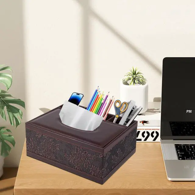 Alt view image 7 of 7 - Tissue Box Cover Rectangle Retro Tissue Box Holder PU Leather Facial Tissues Organizer,Multifunctional Remote Control Stationery Storage Box,Home Office Supplies Car Napkin Caddy