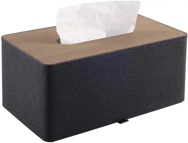 Main image of High-end Pu Leather Tissue Box Holder Two Color Combination-Linen and Wood Grain,Rounded Rectangle Napkin Paper Case Dispenser for Home Bathroom Dresser Offices Car Tissue Cover (Black)