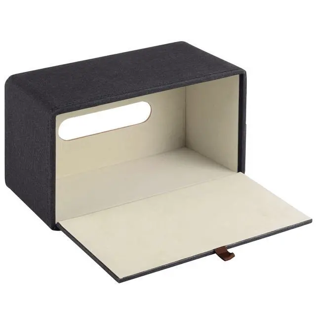 Alt view image 2 of 7 - High-end Pu Leather Tissue Box Holder Two Color Combination-Linen and Wood Grain,Rounded Rectangle Napkin Paper Case Dispenser for Home Bathroom Dresser Offices Car Tissue Cover (Black)