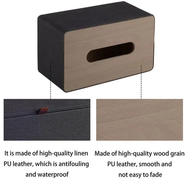 Alt view image 4 of 7 - High-end Pu Leather Tissue Box Holder Two Color Combination-Linen and Wood Grain,Rounded Rectangle Napkin Paper Case Dispenser for Home Bathroom Dresser Offices Car Tissue Cover (Black)