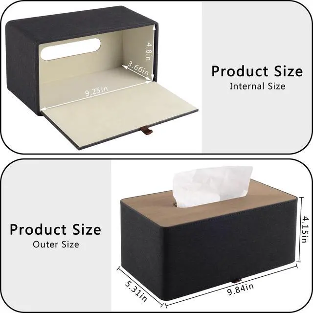 Alt view image 5 of 7 - High-end Pu Leather Tissue Box Holder Two Color Combination-Linen and Wood Grain,Rounded Rectangle Napkin Paper Case Dispenser for Home Bathroom Dresser Offices Car Tissue Cover (Black)