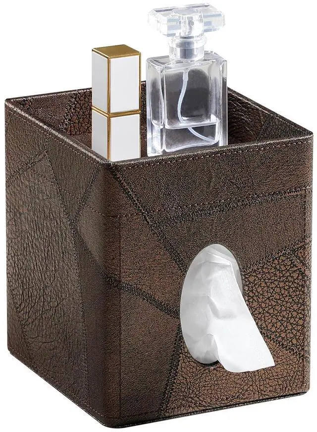 Main image of Square Tissue Box Cover, Stylish Leather Tissue Box Holder with Storage Tray, Decorative Tissue Rack Storage Box for Living Room, Bedroom, and Office Desk (Brown Vintage)