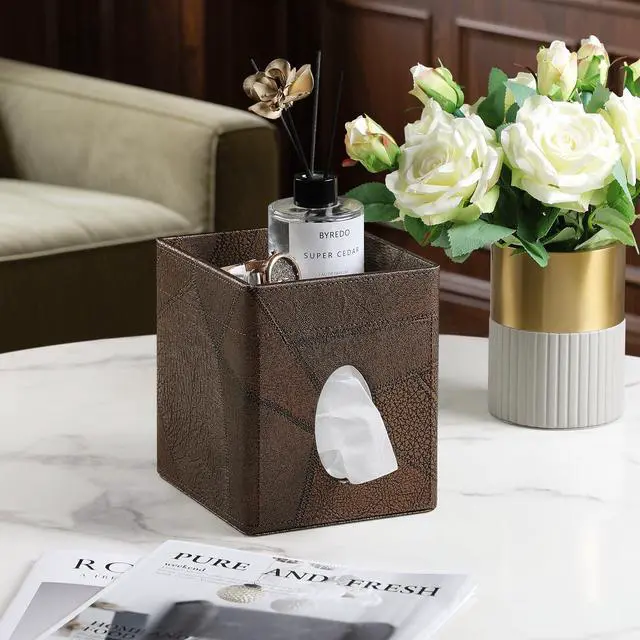 Alt view image 5 of 7 - Square Tissue Box Cover, Stylish Leather Tissue Box Holder with Storage Tray, Decorative Tissue Rack Storage Box for Living Room, Bedroom, and Office Desk (Brown Vintage)