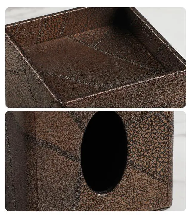 Alt view image 4 of 7 - Square Tissue Box Cover, Stylish Leather Tissue Box Holder with Storage Tray, Decorative Tissue Rack Storage Box for Living Room, Bedroom, and Office Desk (Brown Vintage)