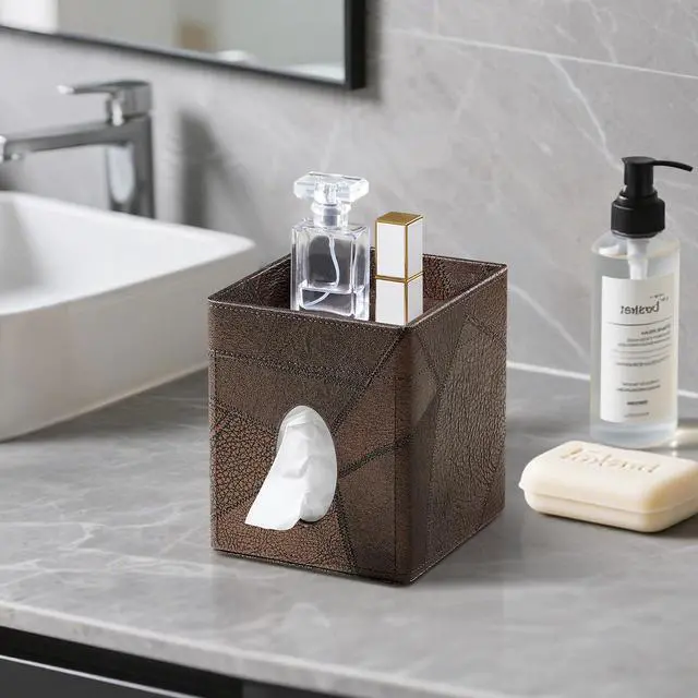 Alt view image 6 of 7 - Square Tissue Box Cover, Stylish Leather Tissue Box Holder with Storage Tray, Decorative Tissue Rack Storage Box for Living Room, Bedroom, and Office Desk (Brown Vintage)