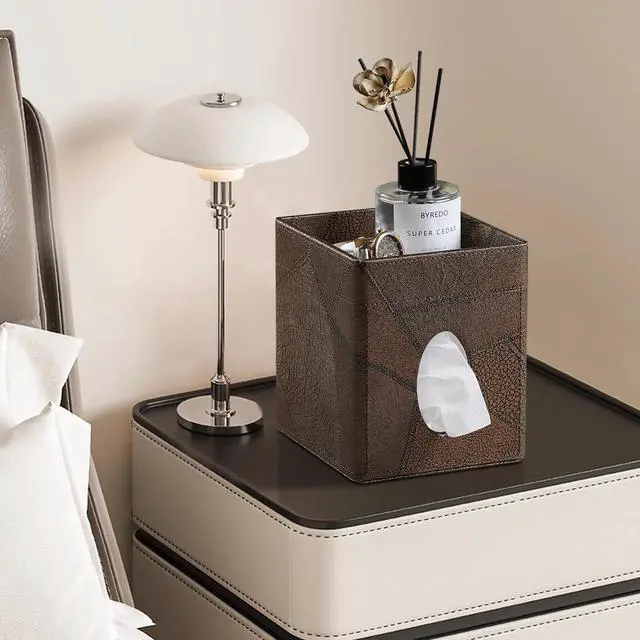 Alt view image 7 of 7 - Square Tissue Box Cover, Stylish Leather Tissue Box Holder with Storage Tray, Decorative Tissue Rack Storage Box for Living Room, Bedroom, and Office Desk (Brown Vintage)