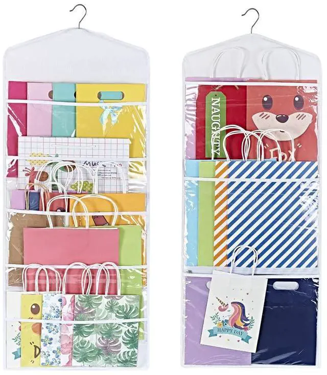 Main image of Hanging Double Sided Gift Bag Storage Organizer with Multiple Front and Back Pockets - Organize Your Gift Wrap, Tissue Paper, and Paper Bags 38 x 16 Inch PVC (White)