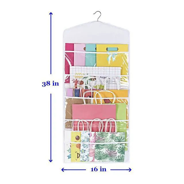 Alt view image 4 of 7 - Hanging Double Sided Gift Bag Storage Organizer with Multiple Front and Back Pockets - Organize Your Gift Wrap, Tissue Paper, and Paper Bags 38 x 16 Inch PVC (White)