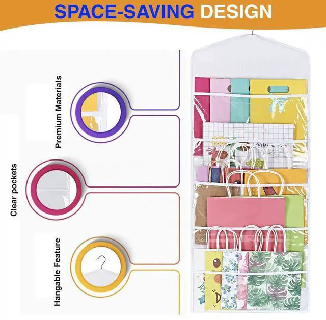 Alt view image 3 of 7 - Hanging Double Sided Gift Bag Storage Organizer with Multiple Front and Back Pockets - Organize Your Gift Wrap, Tissue Paper, and Paper Bags 38 x 16 Inch PVC (White)