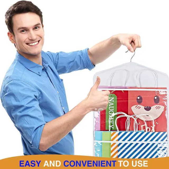 Alt view image 5 of 7 - Hanging Double Sided Gift Bag Storage Organizer with Multiple Front and Back Pockets - Organize Your Gift Wrap, Tissue Paper, and Paper Bags 38 x 16 Inch PVC (White)