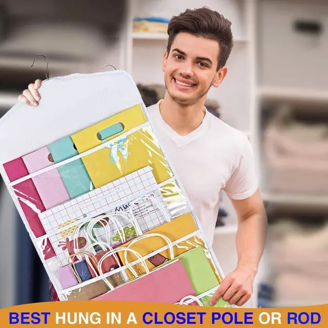 Alt view image 6 of 7 - Hanging Double Sided Gift Bag Storage Organizer with Multiple Front and Back Pockets - Organize Your Gift Wrap, Tissue Paper, and Paper Bags 38 x 16 Inch PVC (White)