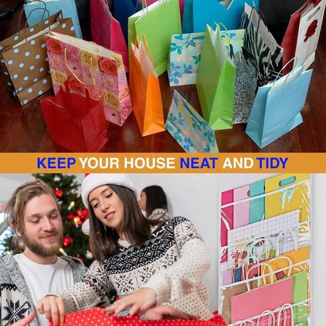 Alt view image 7 of 7 - Hanging Double Sided Gift Bag Storage Organizer with Multiple Front and Back Pockets - Organize Your Gift Wrap, Tissue Paper, and Paper Bags 38 x 16 Inch PVC (White)