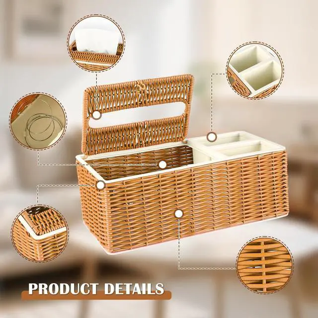 Alt view image 3 of 7 - Hand-Woven Rectangular Mini Tissue Box Cover, Multifunctional Holder with Lift Spring & 2 Storage Compartments, Organizer for Bathroom, Bedroom, Vanity, Living Room, Office & Desk (Brown)