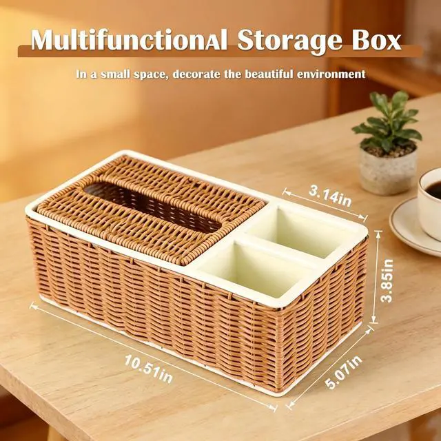 Alt view image 2 of 7 - Hand-Woven Rectangular Mini Tissue Box Cover, Multifunctional Holder with Lift Spring & 2 Storage Compartments, Organizer for Bathroom, Bedroom, Vanity, Living Room, Office & Desk (Brown)