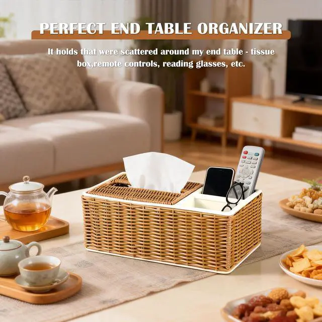 Alt view image 6 of 7 - Hand-Woven Rectangular Mini Tissue Box Cover, Multifunctional Holder with Lift Spring & 2 Storage Compartments, Organizer for Bathroom, Bedroom, Vanity, Living Room, Office & Desk (Brown)