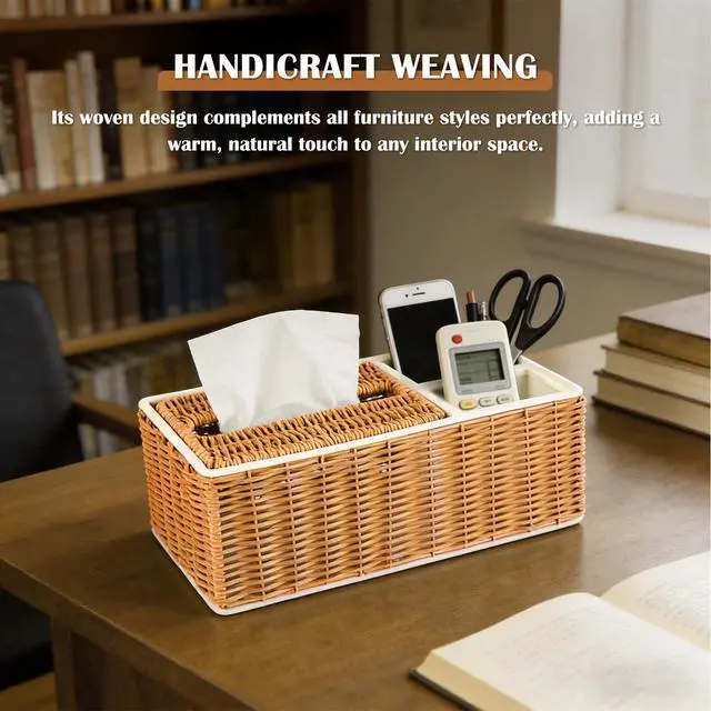 Alt view image 5 of 7 - Hand-Woven Rectangular Mini Tissue Box Cover, Multifunctional Holder with Lift Spring & 2 Storage Compartments, Organizer for Bathroom, Bedroom, Vanity, Living Room, Office & Desk (Brown)