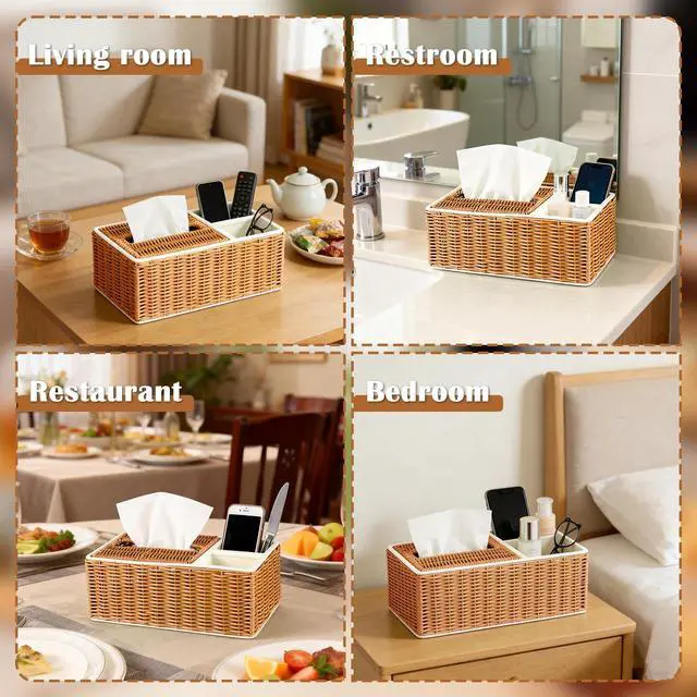 Alt view image 7 of 7 - Hand-Woven Rectangular Mini Tissue Box Cover, Multifunctional Holder with Lift Spring & 2 Storage Compartments, Organizer for Bathroom, Bedroom, Vanity, Living Room, Office & Desk (Brown)