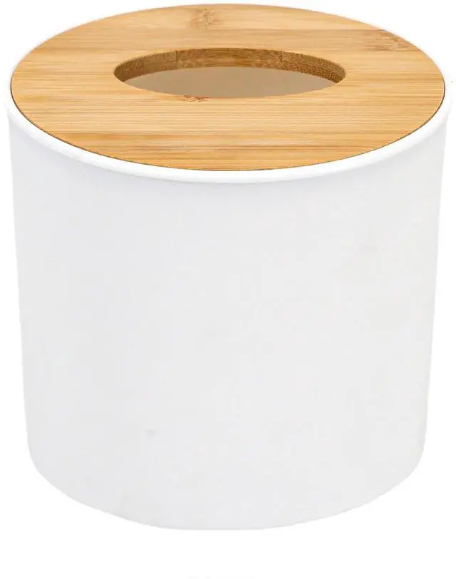 Main image of Bamboo Lid Round Tissue Holder Box 5x5'' Decorative Toilet Paper Roll Dispenser & Dryer Sheet Case Space-Saving Wood Organizer for Bathroom - for Paper Rolls Under 5 inches only