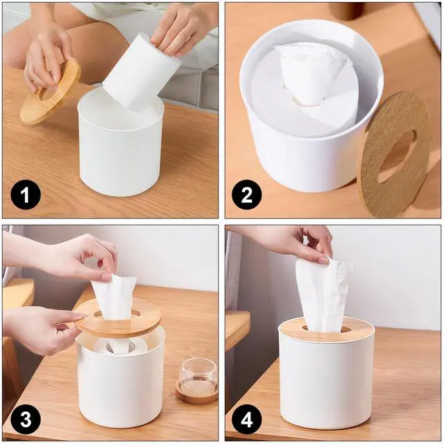 Alt view image 3 of 7 - Bamboo Lid Round Tissue Holder Box 5x5'' Decorative Toilet Paper Roll Dispenser & Dryer Sheet Case Space-Saving Wood Organizer for Bathroom - for Paper Rolls Under 5 inches only