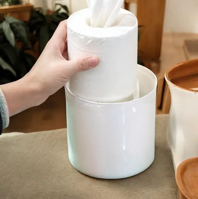 Alt view image 6 of 7 - Bamboo Lid Round Tissue Holder Box 5x5'' Decorative Toilet Paper Roll Dispenser & Dryer Sheet Case Space-Saving Wood Organizer for Bathroom - for Paper Rolls Under 5 inches only