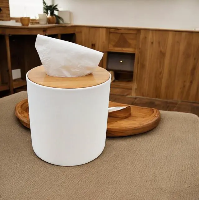 Alt view image 7 of 7 - Bamboo Lid Round Tissue Holder Box 5x5'' Decorative Toilet Paper Roll Dispenser & Dryer Sheet Case Space-Saving Wood Organizer for Bathroom - for Paper Rolls Under 5 inches only