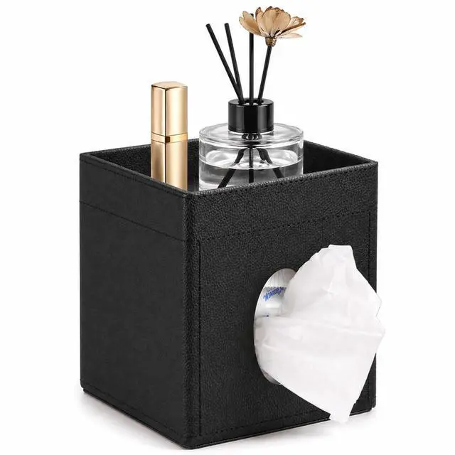 Main image of Leather Tissue Box Cover with Storage Tray, Square Facial Tissue Box Holder for Bathroom, Office Table, Countertop, Night Stand & More (Black)