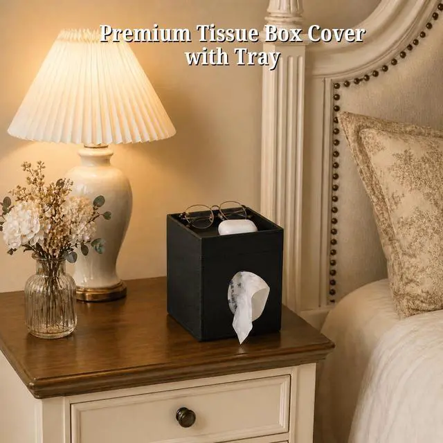 Alt view image 2 of 7 - Leather Tissue Box Cover with Storage Tray, Square Facial Tissue Box Holder for Bathroom, Office Table, Countertop, Night Stand & More (Black)
