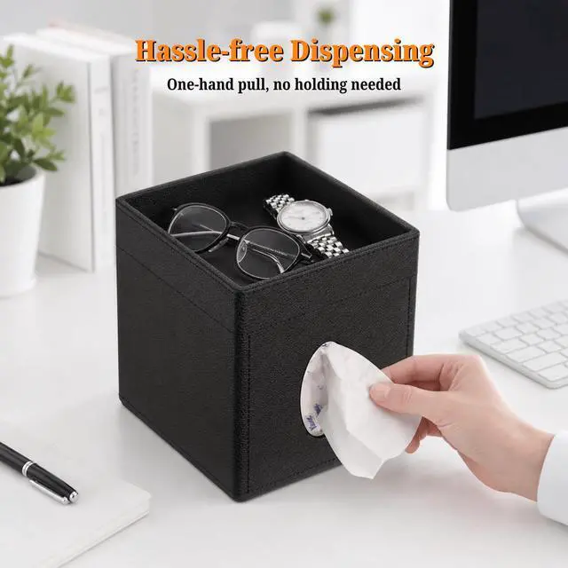 Alt view image 3 of 7 - Leather Tissue Box Cover with Storage Tray, Square Facial Tissue Box Holder for Bathroom, Office Table, Countertop, Night Stand & More (Black)