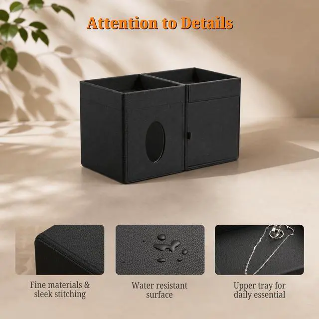 Alt view image 4 of 7 - Leather Tissue Box Cover with Storage Tray, Square Facial Tissue Box Holder for Bathroom, Office Table, Countertop, Night Stand & More (Black)