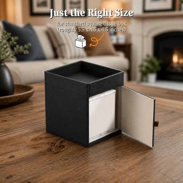 Alt view image 5 of 7 - Leather Tissue Box Cover with Storage Tray, Square Facial Tissue Box Holder for Bathroom, Office Table, Countertop, Night Stand & More (Black)