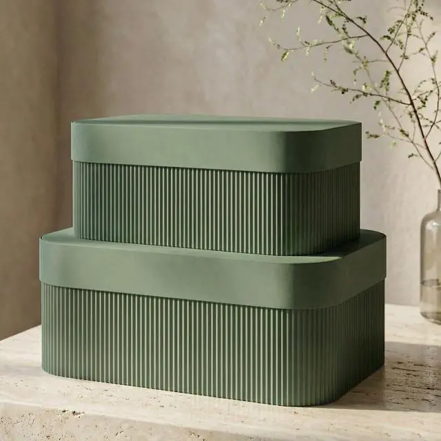 Main image of Decorative Storage Boxes with Lids - Set of 2 Beautiful Fluted Photo Organizer Bins for Your Home Bookshelf Decor to Safely Store Your Documents, Memory Box Items and Other Keepsakes in Style