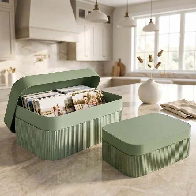 Alt view image 2 of 7 - Decorative Storage Boxes with Lids - Set of 2 Beautiful Fluted Photo Organizer Bins for Your Home Bookshelf Decor to Safely Store Your Documents, Memory Box Items and Other Keepsakes in Style