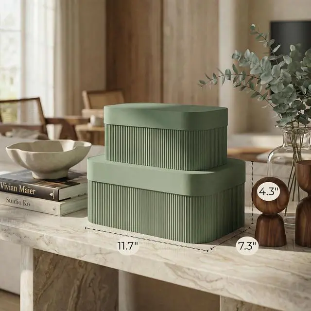 Alt view image 3 of 7 - Decorative Storage Boxes with Lids - Set of 2 Beautiful Fluted Photo Organizer Bins for Your Home Bookshelf Decor to Safely Store Your Documents, Memory Box Items and Other Keepsakes in Style