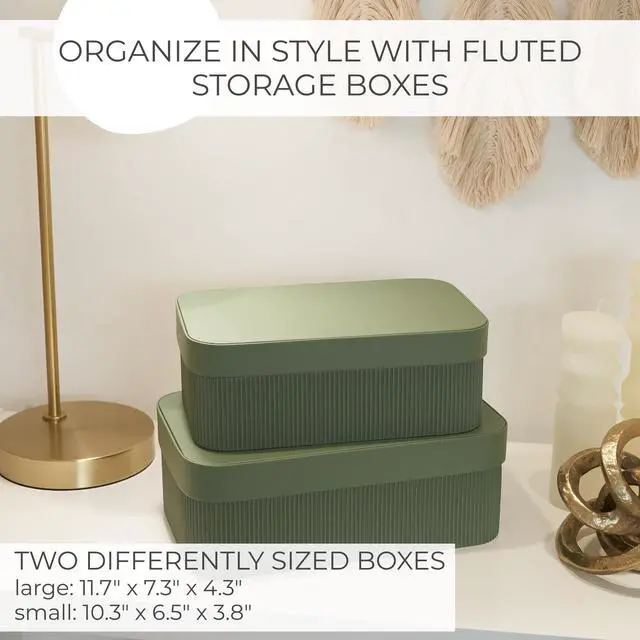 Alt view image 4 of 7 - Decorative Storage Boxes with Lids - Set of 2 Beautiful Fluted Photo Organizer Bins for Your Home Bookshelf Decor to Safely Store Your Documents, Memory Box Items and Other Keepsakes in Style