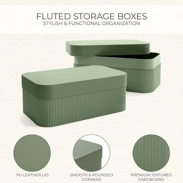 Alt view image 5 of 7 - Decorative Storage Boxes with Lids - Set of 2 Beautiful Fluted Photo Organizer Bins for Your Home Bookshelf Decor to Safely Store Your Documents, Memory Box Items and Other Keepsakes in Style