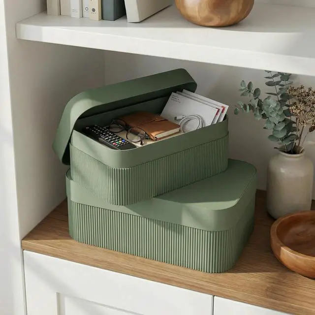 Alt view image 6 of 7 - Decorative Storage Boxes with Lids - Set of 2 Beautiful Fluted Photo Organizer Bins for Your Home Bookshelf Decor to Safely Store Your Documents, Memory Box Items and Other Keepsakes in Style
