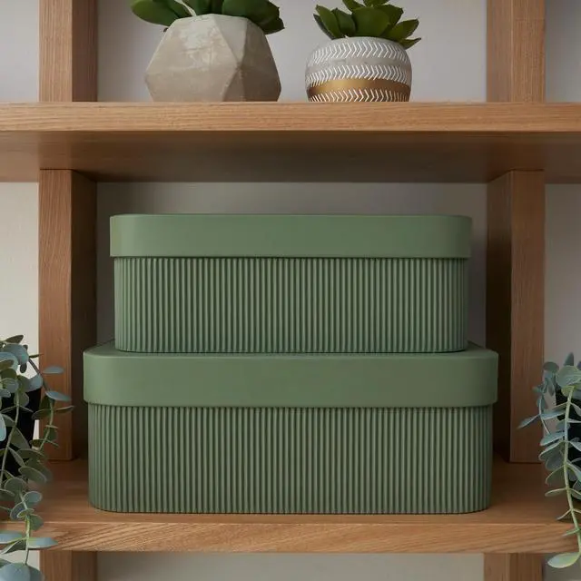 Alt view image 7 of 7 - Decorative Storage Boxes with Lids - Set of 2 Beautiful Fluted Photo Organizer Bins for Your Home Bookshelf Decor to Safely Store Your Documents, Memory Box Items and Other Keepsakes in Style