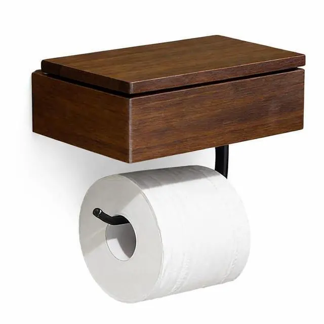 Main image of Acacia Wood Toilet Paper Holder with Shelf, Wall Mounted Toilet Paper and Wipes Holder with Storage Box, Bathroom Tissue Holder with Phone Shelf for Bathroom, Restroom, RV