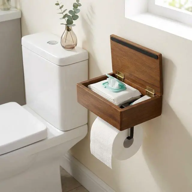 Alt view image 2 of 7 - Acacia Wood Toilet Paper Holder with Shelf, Wall Mounted Toilet Paper and Wipes Holder with Storage Box, Bathroom Tissue Holder with Phone Shelf for Bathroom, Restroom, RV