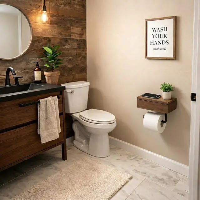 Alt view image 3 of 7 - Acacia Wood Toilet Paper Holder with Shelf, Wall Mounted Toilet Paper and Wipes Holder with Storage Box, Bathroom Tissue Holder with Phone Shelf for Bathroom, Restroom, RV