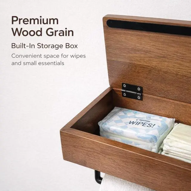 Alt view image 4 of 7 - Acacia Wood Toilet Paper Holder with Shelf, Wall Mounted Toilet Paper and Wipes Holder with Storage Box, Bathroom Tissue Holder with Phone Shelf for Bathroom, Restroom, RV