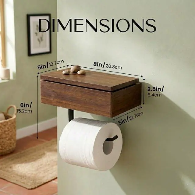 Alt view image 6 of 7 - Acacia Wood Toilet Paper Holder with Shelf, Wall Mounted Toilet Paper and Wipes Holder with Storage Box, Bathroom Tissue Holder with Phone Shelf for Bathroom, Restroom, RV