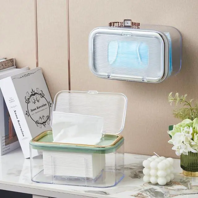 Alt view image 5 of 7 - Mask Storage Box with Lid, Tissue Box Holder, Openable Mask Storage Box Organizer, Wall Hanging Tissue Box for Home, Office, Car, Schools, Churches, Gyms, Transparent