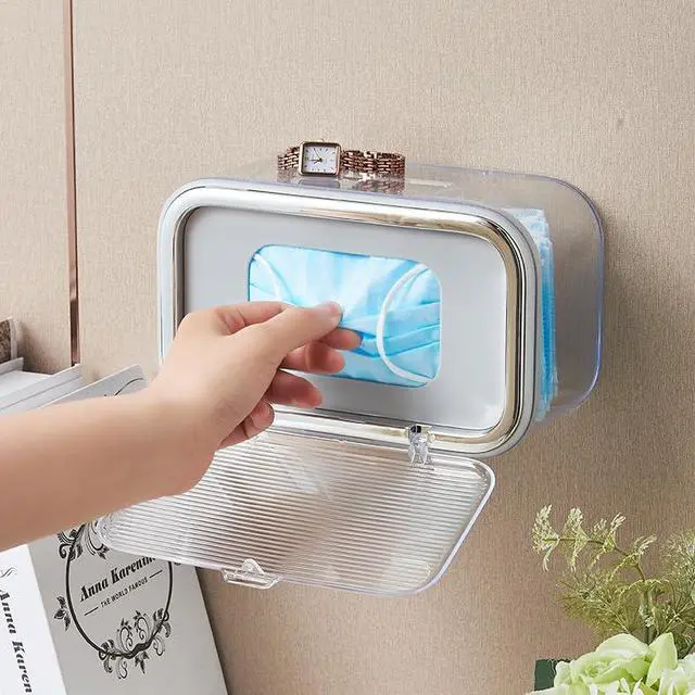 Alt view image 7 of 7 - Mask Storage Box with Lid, Tissue Box Holder, Openable Mask Storage Box Organizer, Wall Hanging Tissue Box for Home, Office, Car, Schools, Churches, Gyms, Transparent