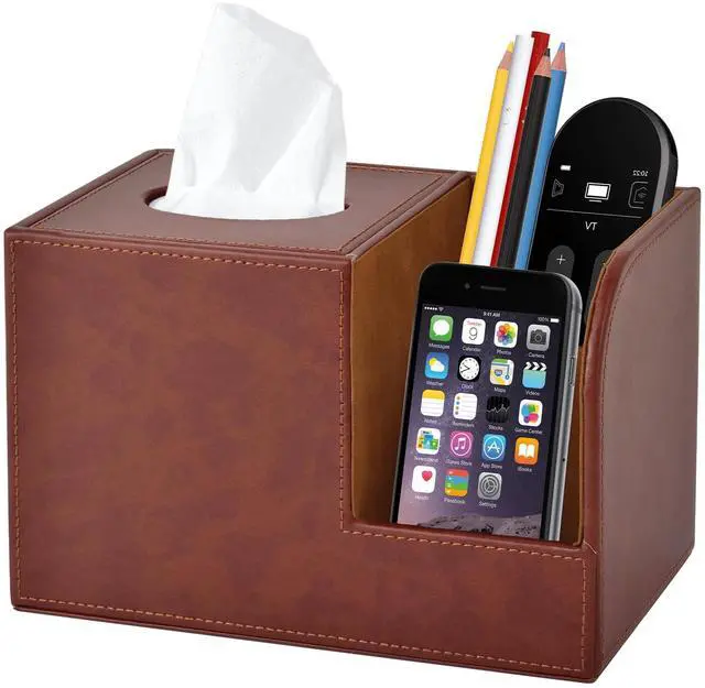Main image of PU Leather Square Tissue Box Cover,Multifunctional Tissue Box Holder,Tissue Box with Storage,Tissue and Remote Control Holder,Tissue Box Decorative Desk Organizer for Home&Office,Brown