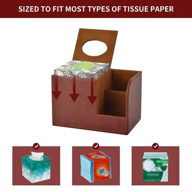 Alt view image 2 of 5 - PU Leather Square Tissue Box Cover,Multifunctional Tissue Box Holder,Tissue Box with Storage,Tissue and Remote Control Holder,Tissue Box Decorative Desk Organizer for Home&Office,Brown