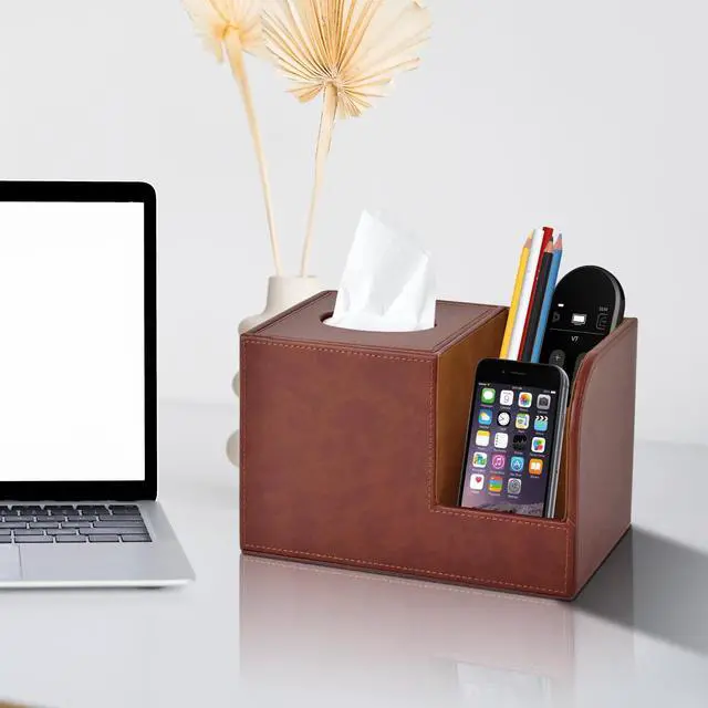 Alt view image 3 of 5 - PU Leather Square Tissue Box Cover,Multifunctional Tissue Box Holder,Tissue Box with Storage,Tissue and Remote Control Holder,Tissue Box Decorative Desk Organizer for Home&Office,Brown